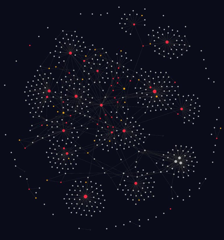 A screenshot of my Obsidian knowledge vault as a graph. It is a series of multi-coloured nodes connected with white lines on a black background. Each of the nodes represents a note or category in my learning, some nodes are white (indicating individual notes), yellow (indicating a topic or theme), and red (indicating a subject)
